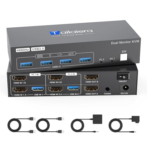 4K HDMI KVM Switch 2 Monitors 2 Computers Dual Monitor Support 4K@60Hz KVM Switcher PC Extended Display for 2 Port Share 4 USB 3.0 HUB Desktop Controller and 2 USB Cables Included