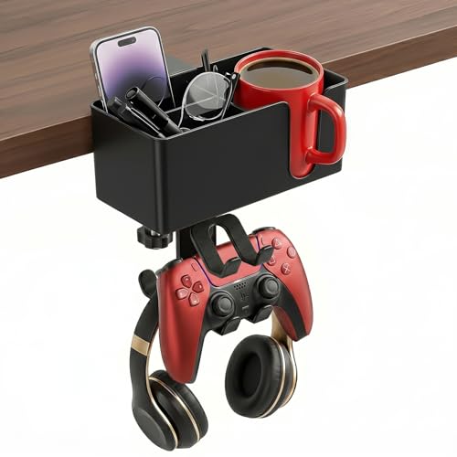 MYITYARD 5 in 1 Desk Cup Holder Clamp, Detachable Pencil Holder with Rotating Headphone Hanger & Controller Holder, Desk Organizer for Cup, Pen, Phone, Gaming Office Desk Accessories - color: With Two Controller Holders