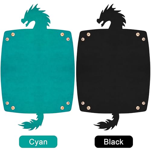 SIQUK 2 Pieces Dragon Dice Rolling Tray PU Leather Dice Mat Folding Scroll Dices Holder for D&D RPG Games (Cyan, Black) - color: Cyan, Black