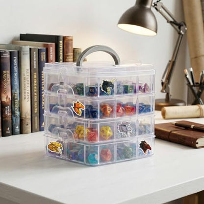 PUGED DND Dice Storage Box with Removable Dividers Polyhedral Dice Plastic Organizer Holding Up To 1200 Dices Craft Bead Compartment Container with Stickers for Sewing, Jewelry, Art, DIY - size: 4 layers