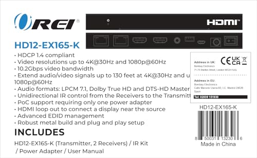 OREI 4K 1x2 HDMI Over ethernet Extender Splitter Over CAT6/7 ethernet Cable 4K@30Hz up to 165 ft - 1 in 2 Out, 1080P@60Hz Upto 230 ft, PoC, IR Control, EDID, HDMI Loop Out (HD12-EX165-K)