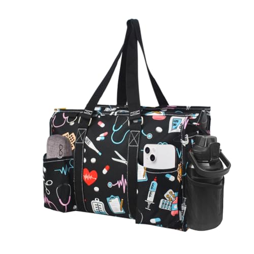 NGIL Utility Water Resistant Tote Bag | Work Tote for Women, Nurse Bag, Teacher's Choice Purse, Gym Bag, Everyday Organizer Top Zipper Closure - color: Nurse Print-black