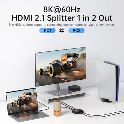 8K HDMI Splitter 1 in 2 Out - 60Hz, Supports 4K@120Hz HDR, Dolby/DTS, EDID, HDCP 2.3 for PS5, Xbox, NVIDIA - 3.5mm Audio Extraction, USB-C Power Input(1 Pack)
