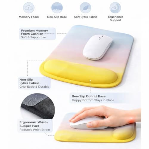 Ergonomic Memory Foam Mouse Pad with Wrist Support, Orange, Ultra-Smooth Surface, Anti-Slip Base (Yellow Pastel, Medium) - color: Yellow Pastel