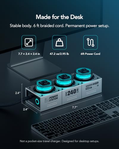E-Tank 7-in-1 Desktop Charging Station, 240W Max GaN USB-C Charger | 3 AC Outlets, 4 USB-C Ports, 240W Shared USB-C Output, 140W PD 3.1 Fast Charging, Smart Power Sharing, RGB Lighting - color: 240W Charger Station - Gray