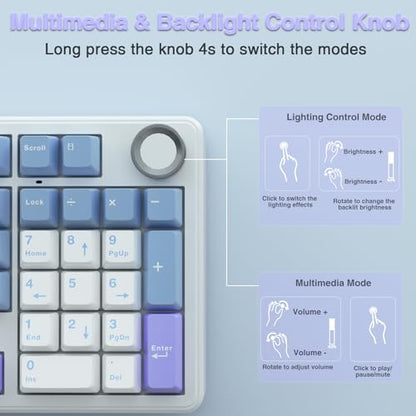 AULA F99 Pro Wireless Mechanical Keyboard with Knob,Creamy Sound,Tri-Mode BT5.0/USB-C/2.4GHz Hot Swappable Keyboard,Gasket Structure,RGB Backlit Computer Gaming Keyboards - color: With Knob-White&Blue&Purple