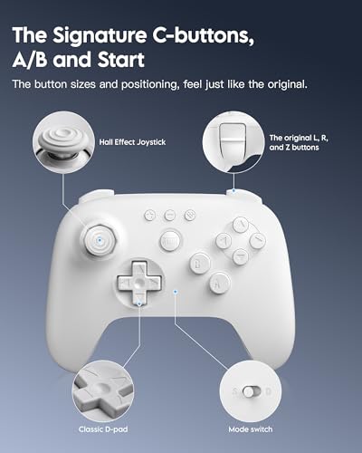 8Bitdo 64 Bluetooth Controller for Analogue 3D, Switch, Switch 2, Windows, Android – Hall Effect Joystick, Vibration, Turbo Function – White - color: White