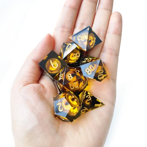 BESCON Dragon's Eye Sharp Edged Polyhedral Dice Set of 7, Handmade Dragon's Eye Dice for Role Playing Game - color: Amber Eye Set
