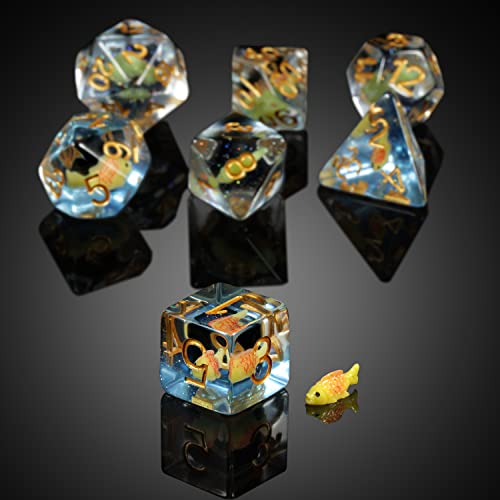Fish DND Dice, DNDND 7PCS Resin Dice Set with Velvet Bag for Dungeons and Dragons D&D Role Playing Games and Tabletop Games （Fish DND Dice Set - color: Fish
