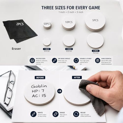 Dry Erase DND Tokens, 65 PCS RPG Set with 2 Erasers, 3 Sizes | Reusable Dry Erase RPG Tokens for DND Combat Tracking, Initiative, Conditions, Effects, MTG Counters, Tabletop Games and DIY