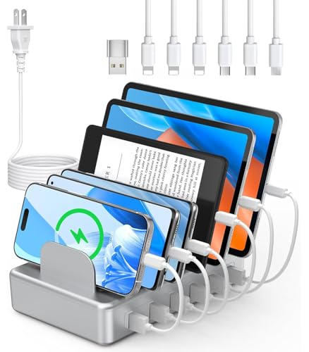 6 Port Charging Station for Multiple Devices, Multi Phone Charging Station | with 6 Cables, UL Test Report, Multi USB Charger Station for Cellphone iPad iPhone Tablet, for Family Office School (Silver) - color: Silver
