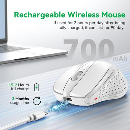 TechRise Bluetooth Mouse (BT5.0/3.0 & 2.4G) Rechargeable Wireless Mouse 2.4GHz with USB A Receiver, 4800 DPI Optical Tracking, 6 Adjustable DPI, Quiet Clicks, 6 Buttons, Wide Compatibility - White - color: White
