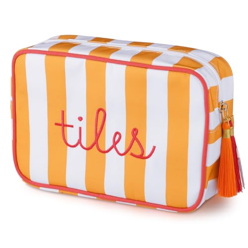 Sanwuta 1 Pcs Mahjong Tile Bag with Zipper,Orange,Striped | Embroidered Mahjong Case for 166 American Mahjong Tiles (1.2") Portable Bags for Board Game Party Gathering Travel - color: Orange, style: Classic