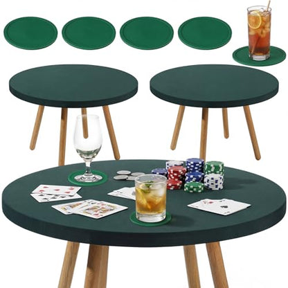 2 Pcs 36 Inch Round Card Game Table Cover with 4 Coaster for Playing Cards Poker Mahjong Bridge Board Game, Green Elastic Stretch Fitted Tablecloth for 32 to 36 Inch Tables