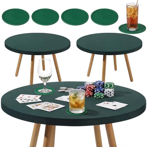 2 Pcs 36 Inch Round Card Game Table Cover with 4 Coaster for Playing Cards Poker Mahjong Bridge Board Game, Green Elastic Stretch Fitted Tablecloth for 32 to 36 Inch Tables