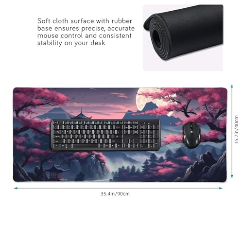 Japanese Landscape Gaming Mouse Pad, 35.4 x 15.7 inches, Extended Desk Mat with Non-Slip Base, Cherry Blossom Design - color: Pink Mountain Night View