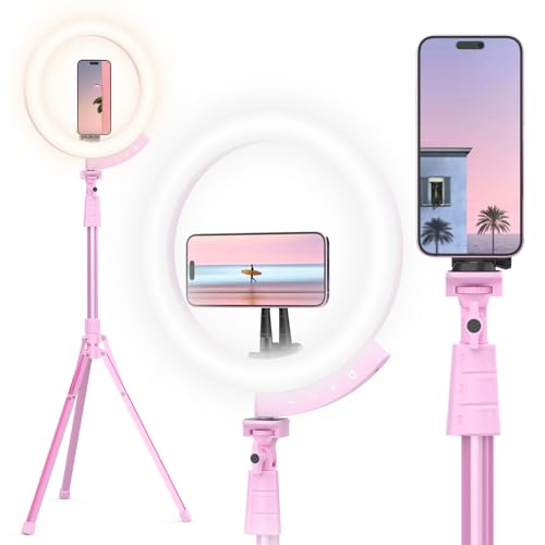UBeesize 12'' LED Ring Light with 62'' Tripod Stand and Magnetic Phone Holder, Selfie Ring Light for Video Recording, Live Streaming, Compatible with iPhone & Android (Pink) - color: Pink Magnetic, size: 12-in