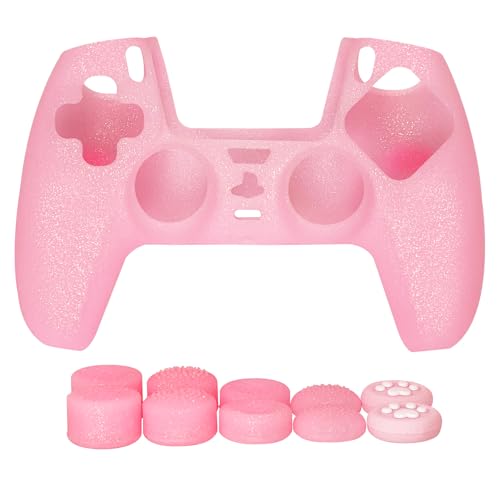 Pink Glitter Anti-Slip Protective Silicone Cover Skin Grips Compatible with PS5/Slim/Pro Controller,8 PCS Glitter Thumb Grips Caps and 2 Grips Caps. (Glitter Pink)