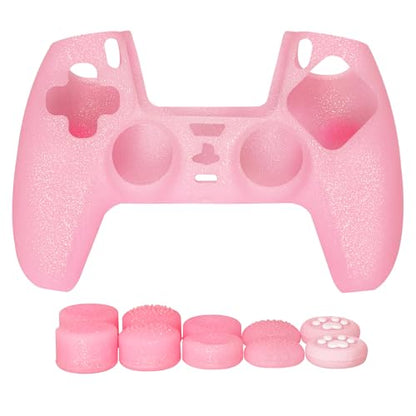 Pink Glitter Anti-Slip Protective Silicone Cover Skin Grips Compatible with PS5/Slim/Pro Controller,8 PCS Glitter Thumb Grips Caps and 2 Grips Caps. (Glitter Pink)