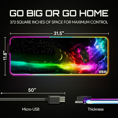 Gerlos RGB Gaming Mouse Pad, Large LED Desk Mat, 31.5 x 11.8 Inch | 12 light modes, non-slip base, water-resistant surface, stitched edges - color: Green