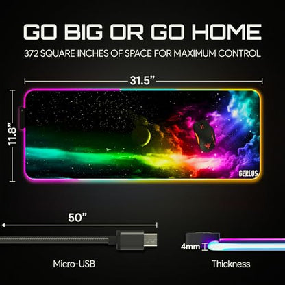 Gerlos RGB Gaming Mouse Pad, Large LED Desk Mat, 31.5 x 11.8 Inch | 12 light modes, non-slip base, water-resistant surface, stitched edges - color: Green