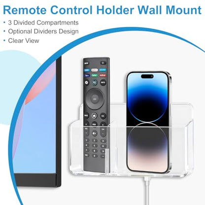 3 Slot Adjustable Remote Holder Wall Mount, TV Controller Holder Hollow Bottom Slot Easy Phone Charging, Adhesive Remote Control Holder, Wall Pen Holder for Office School Home - Clear - color: Clear