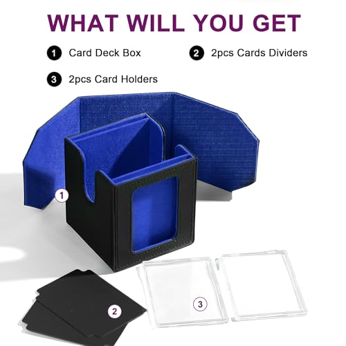 Commander Dual Display Deck Box — Patented Design Holds 130 Double-Sleeved/100 Triple-Sleeved Cards, Includes 2 Thick Card Bricks & 2 Dividers, Leather Multi-Function Storage Case (black Blue) - color: Black/Blue