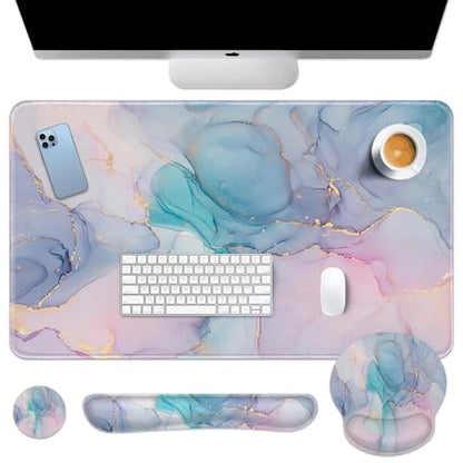 Britimes Blue Purple Liquid Marbling Keyboard Mouse Pad Set 4in1 Large Mousepad+Keyboard Wrist Rest+Mouse Wrist Rest+Coaster Ergonomic Design for Home Office Computer 35.4x15.7 inches - color: Blue Purple Marbling
