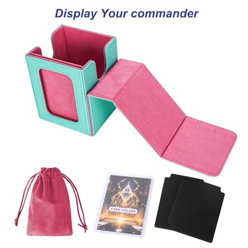 AFIING MTG Deck Box for Commander Display,Card Deck Case Fits 100 Double Sleeved Cards, Magic Commander TCG Card Storage Box with 2 Dividers,Dice Bag and 1 Toploader(Green Rose pink) - color: Commander Green Rose Pink