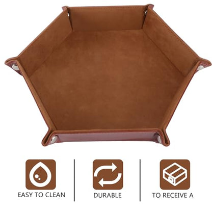 BESPORTBLE Hexagon Pu Leather Dice Tray Foldable Felt Storage Box Brown for Tabletop RPG Games and Board Game Accessories