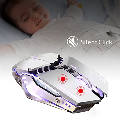 TENMOS T12 Wireless Gaming Mouse Rechargeable, 2.4G Silent Optical Wireless Computer Mice with Changeable LED Light for Laptop PC, 7 Buttons, 3 Adjustable DPI (Silver) | 2.4GHz Optical, 7 Color LED Lights, Quiet Click,Side Buttons,3 Adjustable DPI,Ergonom