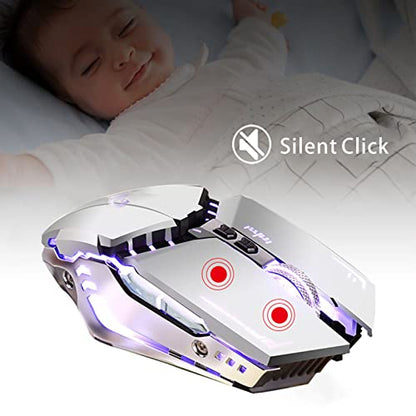 TENMOS T12 Wireless Gaming Mouse Rechargeable, 2.4G Silent Optical Wireless Computer Mice with Changeable LED Light for Laptop PC, 7 Buttons, 3 Adjustable DPI (Silver) | 2.4GHz Optical, 7 Color LED Lights, Quiet Click,Side Buttons,3 Adjustable DPI,Ergonom