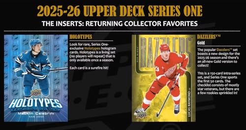 2025 2026 Upper Deck Series One Hockey Unopened Blaster Box of Packs with a Young Guns Rookie Card, an OPC Glossy Card, an Encore Insert and Green Dazzler Card Plus