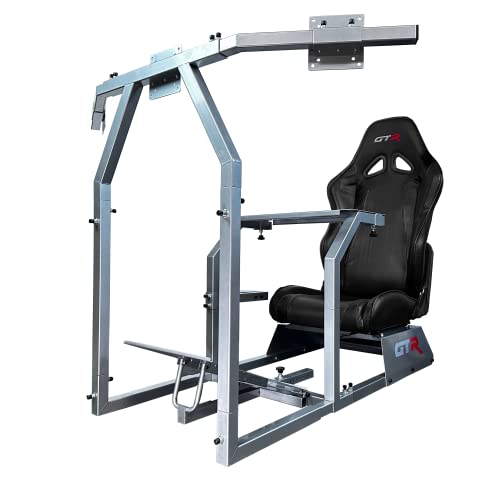 GTR Simulator GTA-F Model Silver Frame Triple | Single Monitor Stand with Majestic Black Adjustable Leatherette Seat Racing Driving Gaming Simulator Cockpit Chair - color: Silver, Black