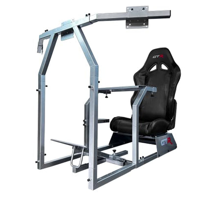 GTR Simulator GTA-F Model Silver Frame Triple | Single Monitor Stand with Majestic Black Adjustable Leatherette Seat Racing Driving Gaming Simulator Cockpit Chair - color: Silver, Black