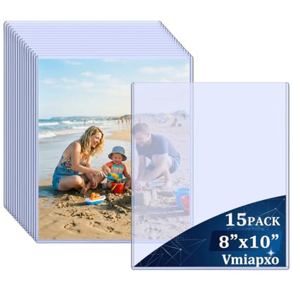 Vmiapxo 15 Pack 8" x 10" Hard Plastic Card Sleeves, Waterproof Rigid Protectors Clear Double Sided Display Sheet Holders for Prints Photos Pictures Art Papers Posters - size: 8" x 10"