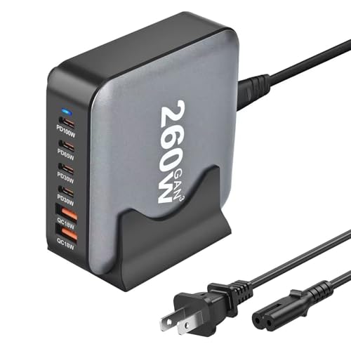 260W USB C Charger Block GaN III USB Desktop Charging Station 6 Ports QC4.0 Fast Charging Station Hub+PD 100W Type C Laptop Charger Adapter Compatible with MacBook Pro Laptop Tablet and Phone - color: Black