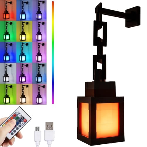 Pixelated Lantern LED Night Light,16 Colors Rechargeable LED Lamp with Remote, Rechargeable Retro Table/Wall Night Lamp,for Bedroom Gaming Kids ,Home Decoration and Children's Gifts (with Chain)