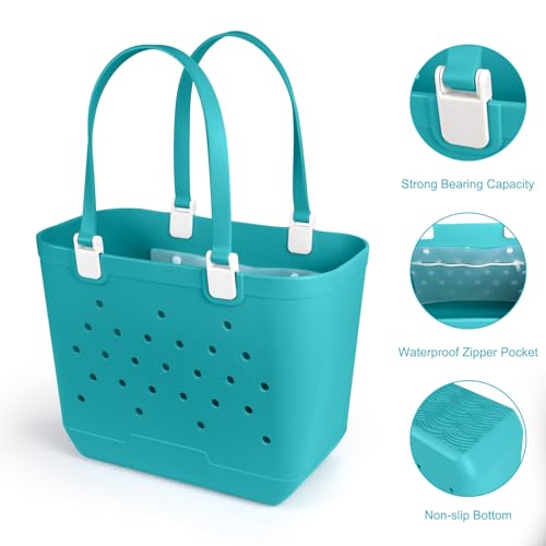 X-Large Rubber Beach Tote Bag, 18.9 "L x 9.4 "W x 13.8 "H Waterproof EVA Beach Totes with Zipper Pocket - color: Blue
