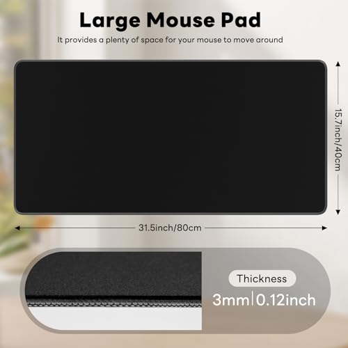 Large Gaming Mouse Pad, XL Desk Protector, Non-Slip Base | 31.5x15.7 in Extended Desk Mat with Stitched Edges for Keyboard, Work, Game, Office, Home PC and Laptop - color: Black