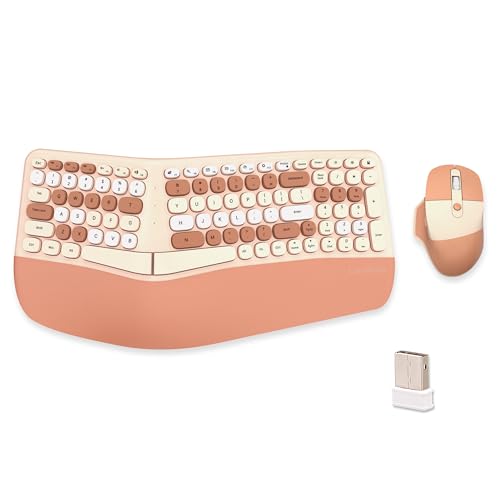 Wireless Ergonomic Keyboard and Mouse Combo with PU Wrist Rest, Carpal Tunnel Keyboard, 2.4G Colorful Split Ergo Keyboard, Comfortable Natural Typing, Compatible with PC/Laptop (Milk Tea) - color: Milk Tea
