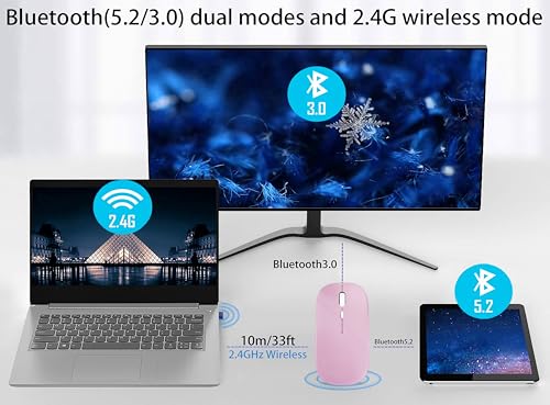 WREANU Wireless Bluetooth Mouse Rechargeable Laptop Mice with LED Lights Silent Slim Use(BT5.2 and 2.4G Portable USB Receiver) Dual Mode Computer Mouse for Laptop/iPad/Tablet/Apple/Computer/Mac(Pink) - color: Pink