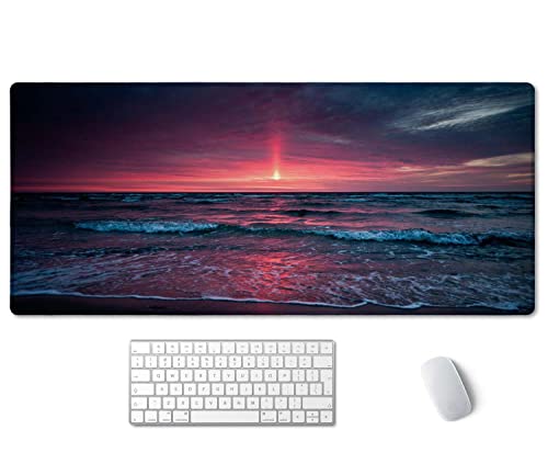 SSOIU Desk Mat, Extended Gaming Mouse Pad (35.5x15.7 in), Large Non-Slip Rubber Base Mousepad with Stitched Edges, Waterproof Keyboard Mouse Mat Desk Pad for Work, Office, Home - Sunset Over The sea - color: Sunset Over the Sea