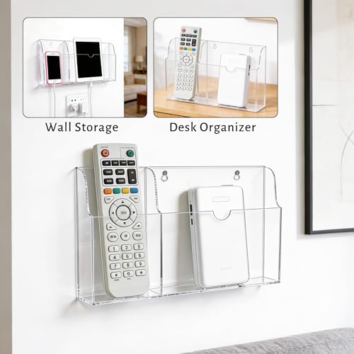 Acrylic Wall Mounted Phone Holder, Tablet Wall Mount with Charging Holes, 2 Slots Wall Remote Control Holder for iPad Kindle Laptop, Clear