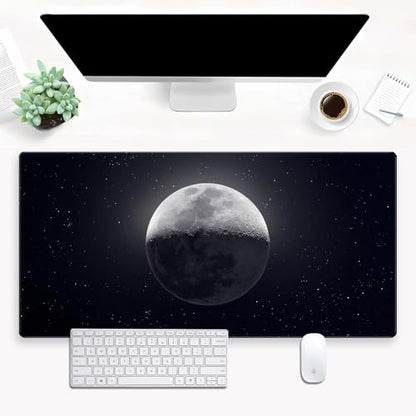 Black Moon Desk Mat, Astronomy XXL Large Gaming Mouse Pad 31.5x15.7 in | Aesthetic astronomy galaxy desk pad with 3mm dense cushion, smooth cloth top, and non-slip rubber base. - color: Moon