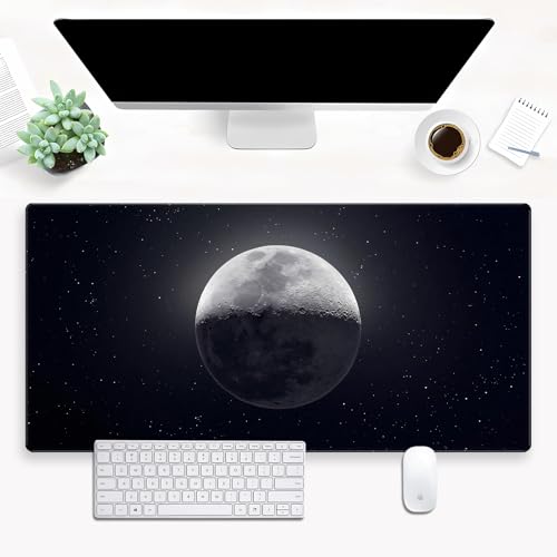Black Moon Desk Mat, Astronomy XXL Large Gaming Mouse Pad 31.5x15.7 in | Aesthetic astronomy galaxy desk pad with 3mm dense cushion, smooth cloth top, and non-slip rubber base. - color: Moon