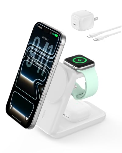 Belkin Qi2.2 25W Wireless 3 in 1 Foldable Fast Charging Station for iPhone | Fast Charigng, MagSafe Compatible, iPhone 17/16/15, Apple Watch, AirPods, Travel Charger, Magnetic - color: White