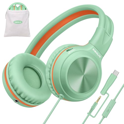 SIMOLIO Kids Wired Headphones with Microphone, USB C to 3.5mm Dongle, 3-Level Safe Volume, Stereo Corded Headphone for Girls Boys, Plug in Headphones for School Tablet Online Learning Airplane, Green - color: Fresh Green USB C&3.5mm
