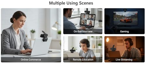 1080P HD Webcam with Microphone, Noise Cancellation, Privacy Cover, Wide-Angle Lens, Auto Light Correction, Plug & Play USB Webcam for Laptop, Desktop, PC, Mac, Zoom, Skype, Streaming (1080p)