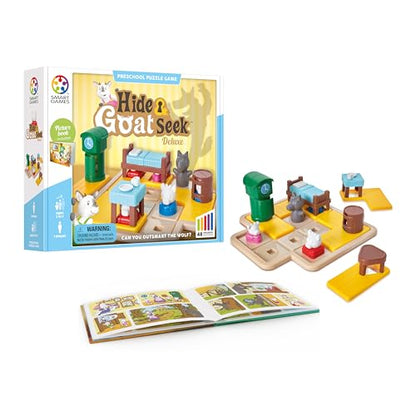 SmartGames Hide and Goat Seek — Shape-Matching Logic Puzzle with Storybook | Help 7 Goats Outsmart the Wolf | 48 Challenges | Ages 3–7